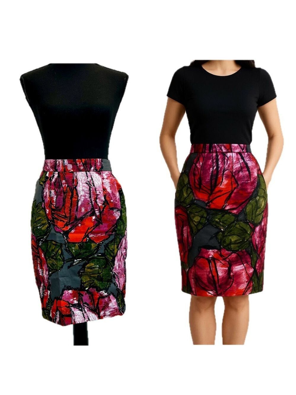 Trina Turk pink red floral flower print pencil skirt pockets Sz 4